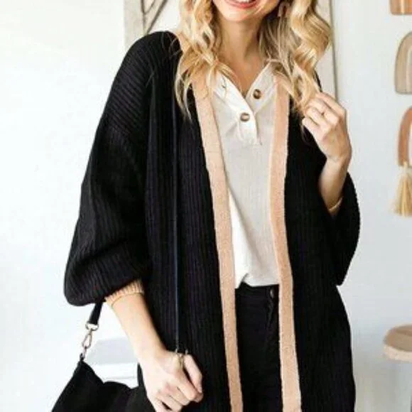 Black Casual Womens Contrast Trim Drop Shoulder Open Front Cardigan - Picture 5 of 5